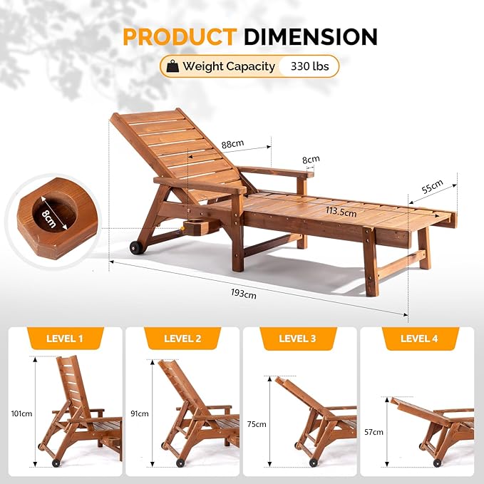 VINGLI Outdoor Chaise Lounge Chair, Wooden Patio Lounger Chair - Image 3