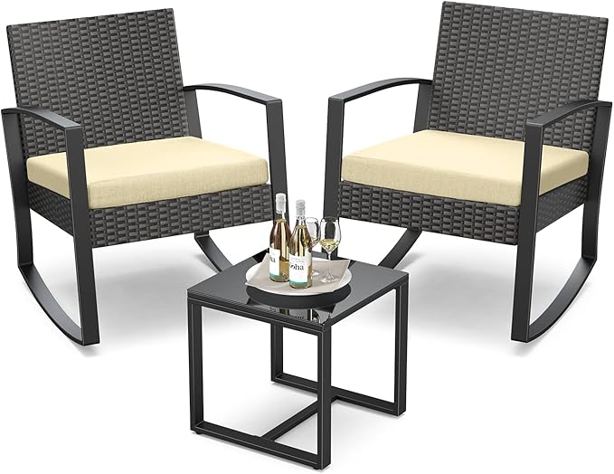 3 Pieces Porch Furniture Set Patio Rocking Bistro Set Outdoor Patio Chairs by Qsun