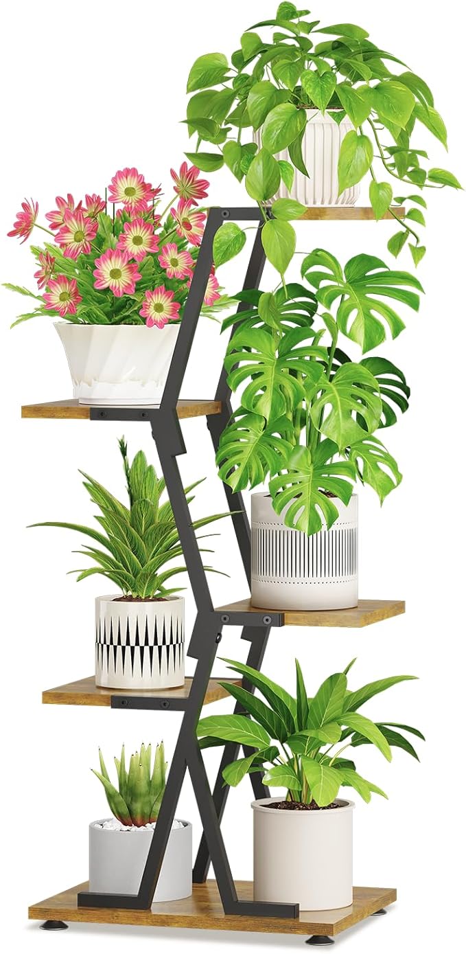 iDavosic.ly 4 Tier Indoor Plant Stand, Corner Tall Metal & Wood Flower Shelf by iDavosicly