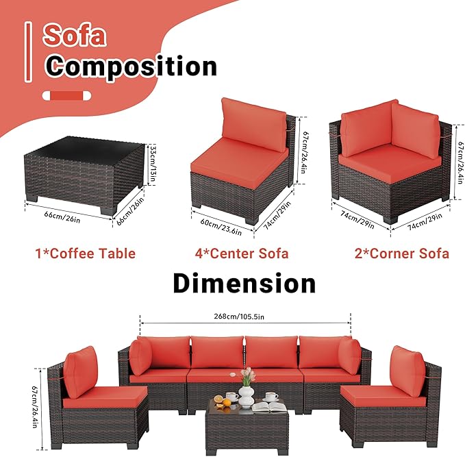 LEVELEVE 7 Pieces Outdoor Patio Furniture Sets, Rattan Conversation Sectional - Image 2