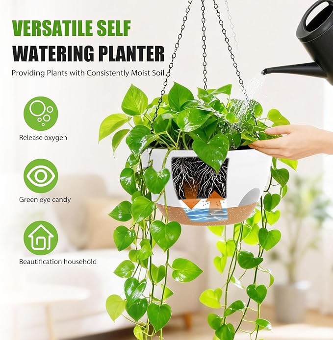 8 Inch Hanging Planters for Indoor Outdoor Plants, 4 Pack White Brown Plastic - Image 2