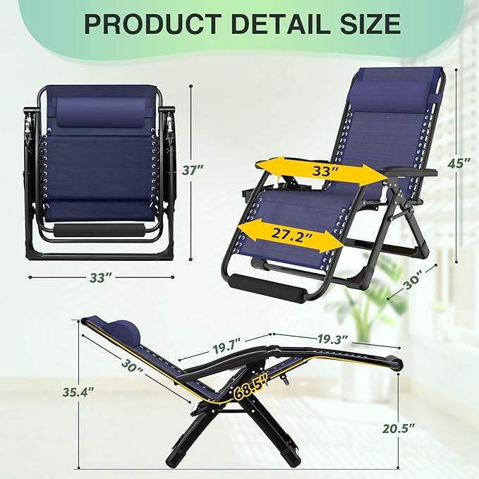 Suteck Oversized Zero Gravity Chair, 33In XXL Outdoor Recliner Chair - Image 2