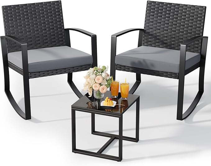 3 Pieces Outdoor Patio Furniture Set Rocking Bistro Set Outdoor Rattan by Qsun