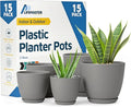 Gray Plant Pots with Drainage Holes & Saucers 15 Pack, Indoor & Outdoor by LIFEMASTER