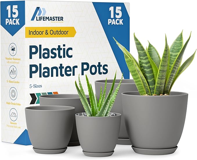Gray Plant Pots with Drainage Holes & Saucers 15 Pack, Indoor & Outdoor by LIFEMASTER
