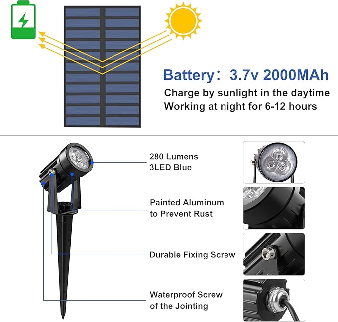 Blue Solar Spot Lights Outdoor, 2 Pack Solar Landscape Spotlights IP65 - Image 3