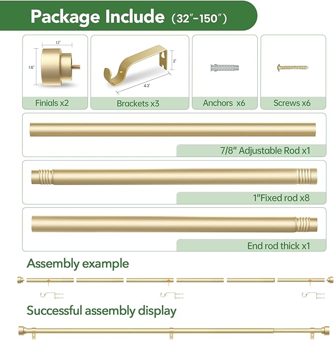 Curtain Rods for Windows 72 to 144, 1 Inch Adjustable Gold Heavy Duty Long - Image 6