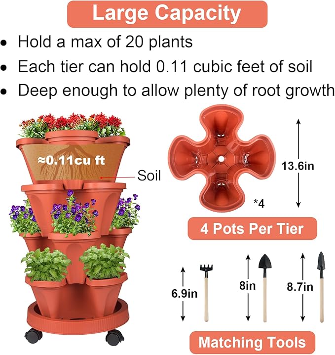 GameXcel Vertical Planter 4 Tier Stackable Planters Garden Planters Strawberry - Image 5