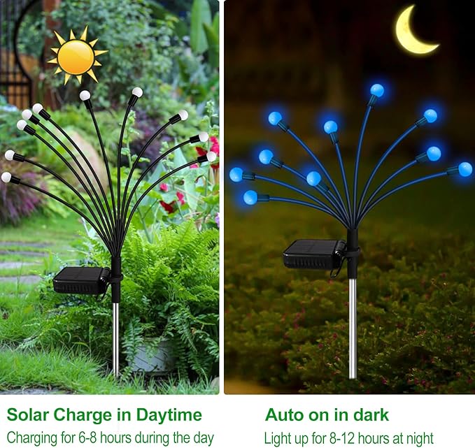 Kohlrabi Solar Garden Lights Outdoor, 6 Pack 60 LED Blue Firefly Lights - Image 3