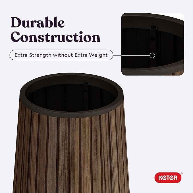 Keter Signature Conic 23.8 Inch Tall Round Large Wood Look Planter - Image 9