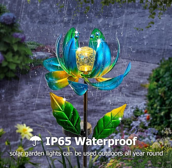 Solar Yard Lights Wind Spinners- Metal Lotus Flower Garden Decor LED Crackle - Image 3