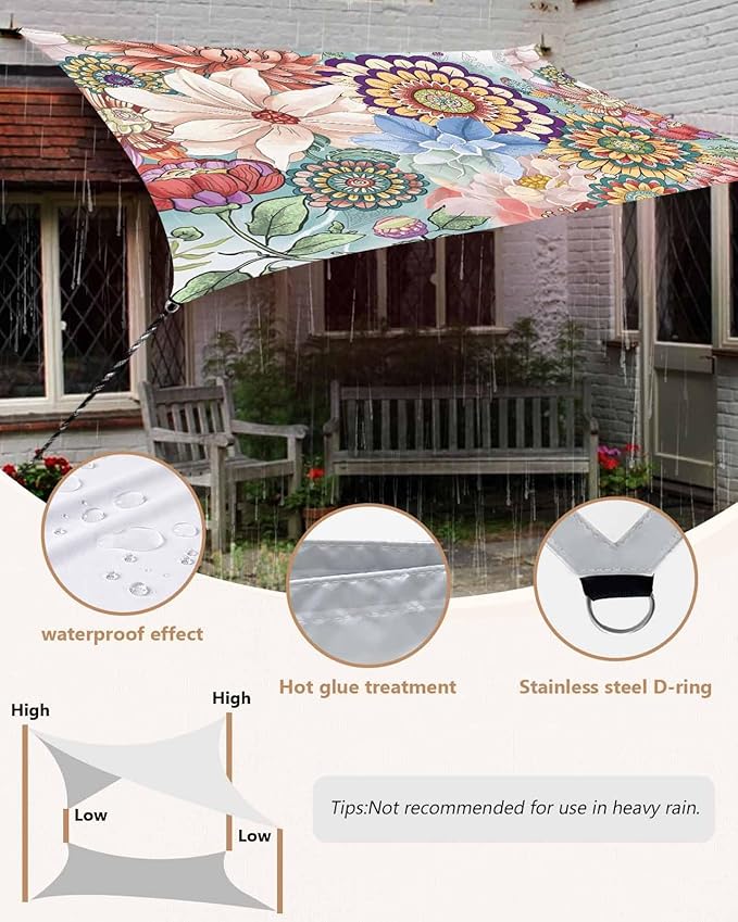 Sun Shade Sail 8'x10' Boho Floral Rectangle Sun Shade Sails Canopy Waterproof - Image 6