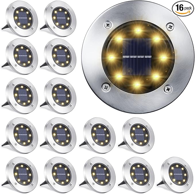 LYHOPE Solar Ground Light Outdoor, 16 Pack 8 LED Solar Disk Lights Waterproof by LYHOPE