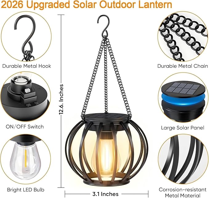 Solar Lanterns Outdoor Waterproof: 2 Pack Metal Hanging Decorative Solar Lights - Image 4