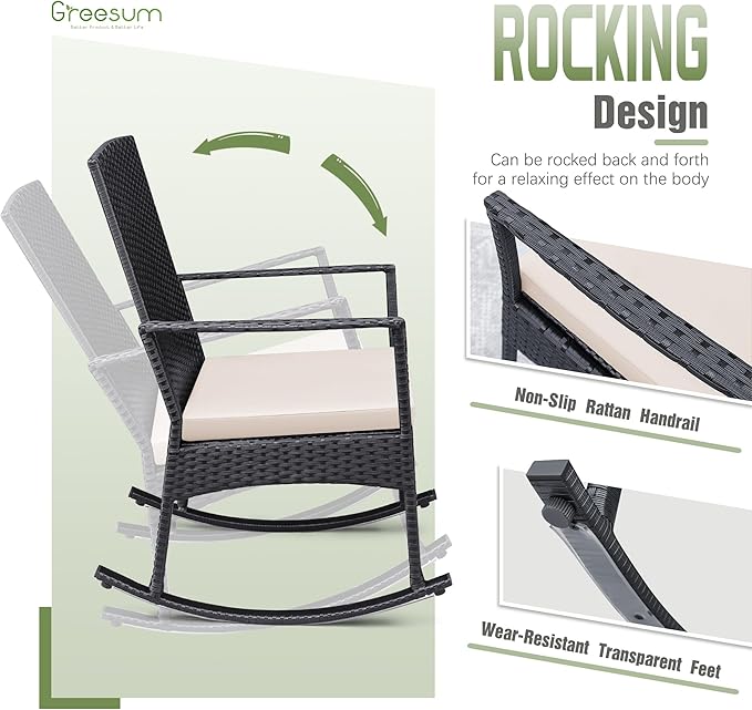 Greesum 3 Pieces Patio Furniture Set Outdoor Wicker Rocking Chairs - Image 4