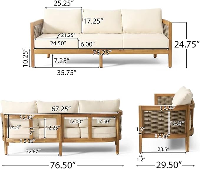 Merax 76.5" Outdoor Acacia Wood Wicker 3 Seater Sofa, Patio Furniture Couch - Image 2