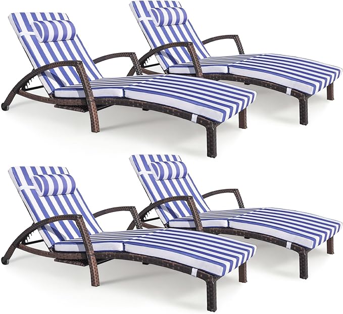 Chaise Lounge Chairs Outdoor Set of 4, Comfy Outside Wicker Patio Pool Lounge by ZZWHOM
