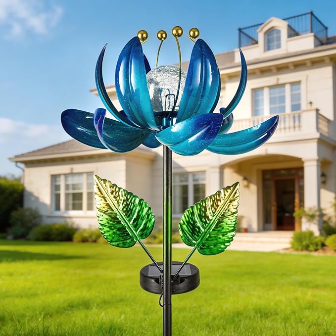 Solar Garden Lights Metal Flower Decor, Colorful Lotus Pathway Spinning Windmill - Image 2