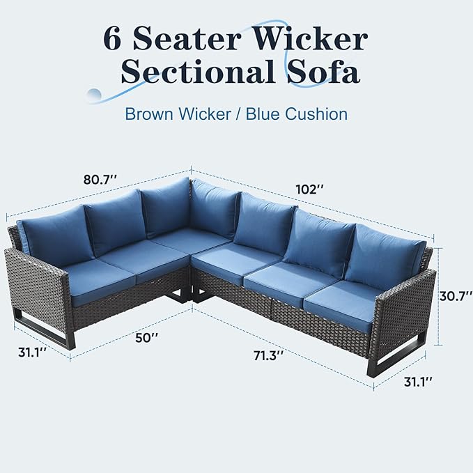 Belord Outdoor Sectional Sofa 6 Seater L Shaped Couch Wicker Patio Conversation - Image 2