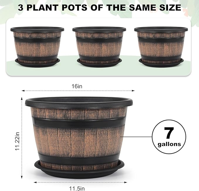Quarut Large Plastic 3 Pack16 inch Plant Pots, Whiskey Barrel Planters - Image 2