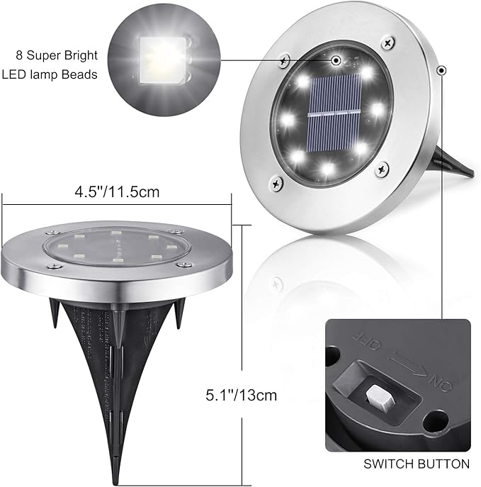LYHOPE Solar Ground Lights Outdoor, 8 Pack 8 LED Solar Disk Lights Waterproof - Image 6