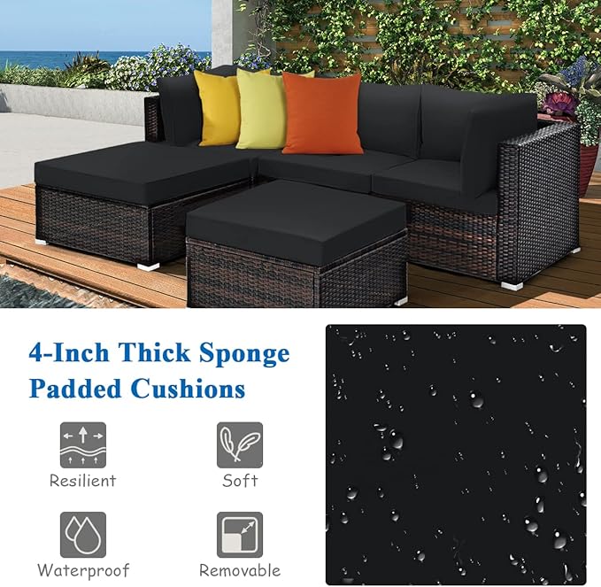 Tangkula 5 Piece Patio Rattan Furniture Set, Outdoor Sectional Rattan Sofa Set - Image 7
