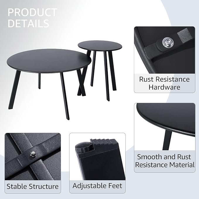 Outdoor Patio Coffee Table Set of 2, Weather Resistant End Table, Round Nesting - Image 5