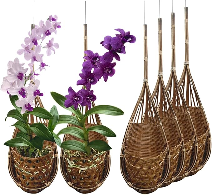 Handmade 100% Thai Bamboo Hanging Orchid Basket – 4 Inch Set of 6 by Panwa