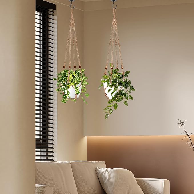 Jute Macrame Plant Hanger Indoor Set of 2 Hanging Planter Basket Flower Pot - Image 6