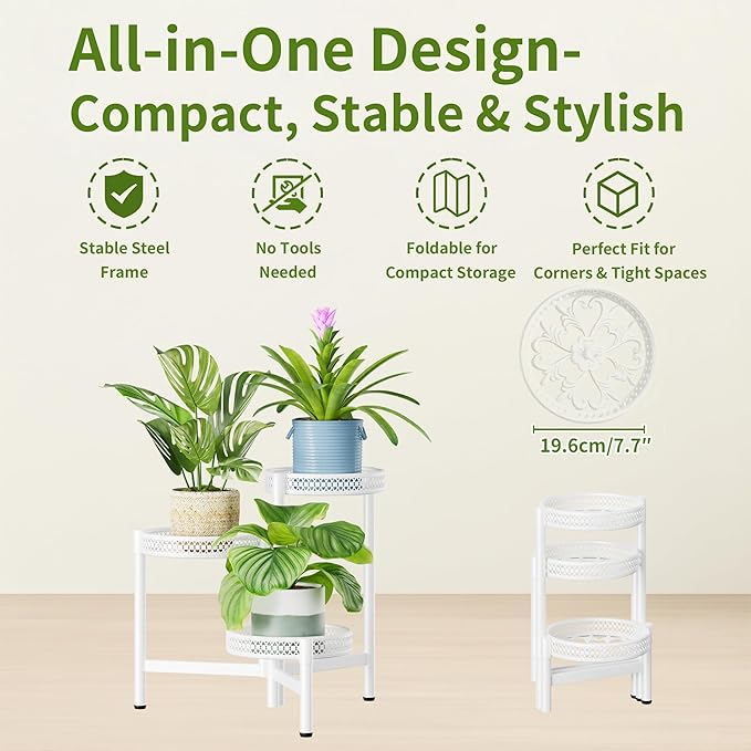 3 Tiered Tall Plant Stand Indoor Outdoor, Metral Plant Shelf - Image 5
