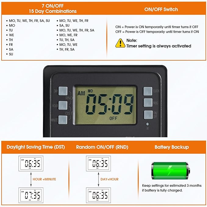 SURAIELEC Outdoor Power Stake, 7-Day Programmable Digital Timer, Power Strip - Image 3