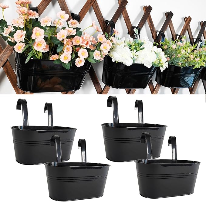 4 Pack Metal Hanging Planter for Outdoor Plants, 10 Inch Black Fence Planters by JOYFERNAL