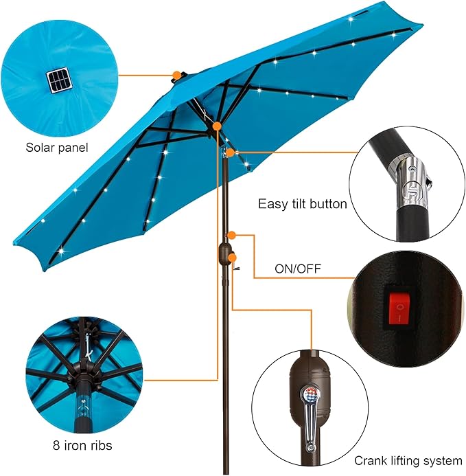 Blissun 9 ft Solar Umbrella, 32 LED Lighted Patio Umbrella, Table Market - Image 3