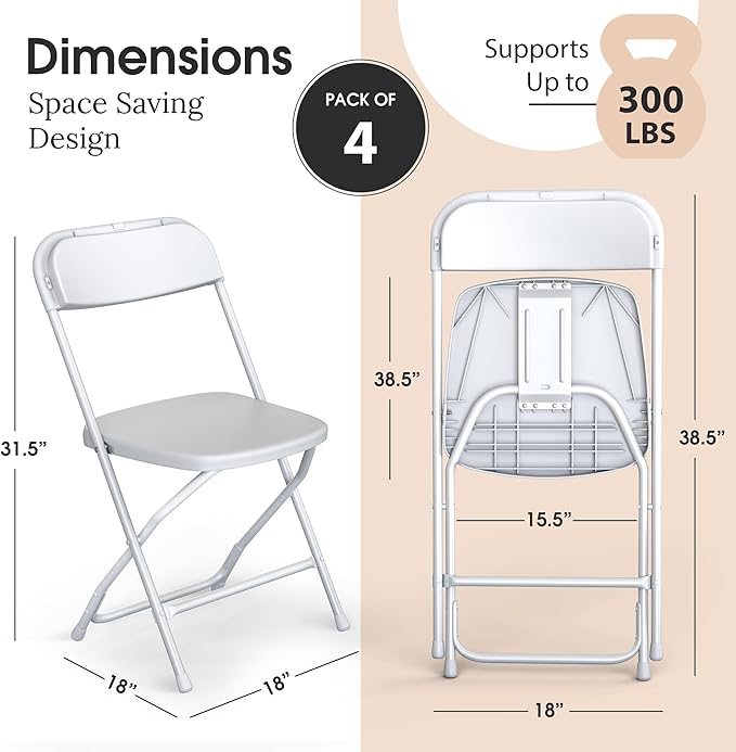 4 PACK White Foldable Plastic Chair | Folding & Stackable | 350 lbs Capacity - Image 2