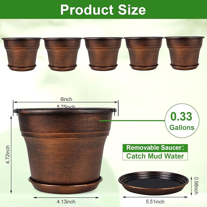 Plant Planters Pots Set of 6 Pack 6 Inch, Plastic Flower Pot - Image 3