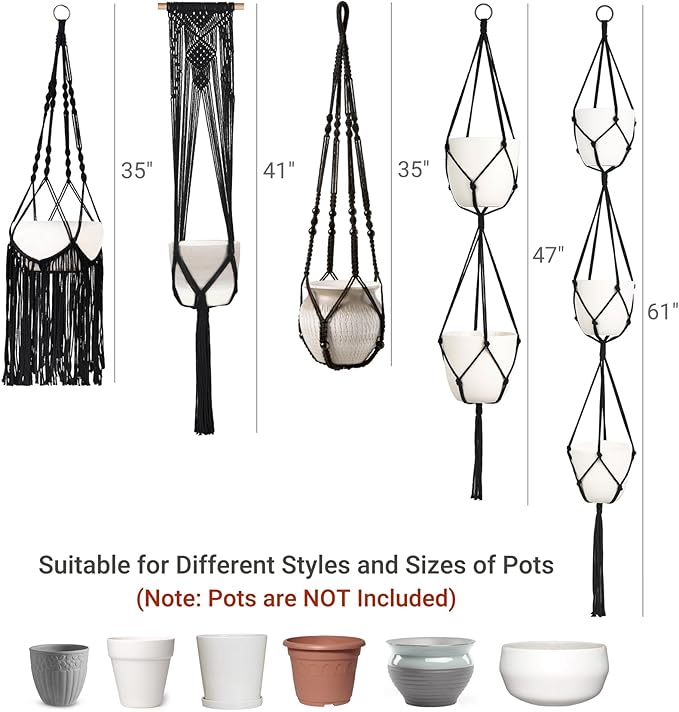 Mkono Macrame Plant Hangers, 5 Pack Different Tiers Indoor Hanging Planters - Image 2