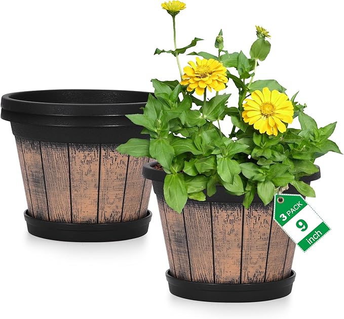 Quarut Plant Pots Set of 3 Pack 9 inch, Whiskey Barrel Planters by Quarut