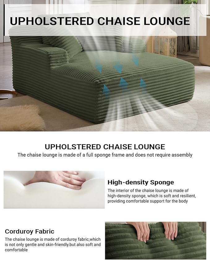 67 Inch Chaise Lounge Chair Indoor, Oversized Corduroy Upholstered Boneless - Image 3