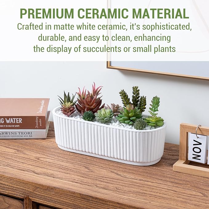 MyGift 12 Inch Ceramic Succulent Planter, Oval Matte White Planter Pot - Image 5