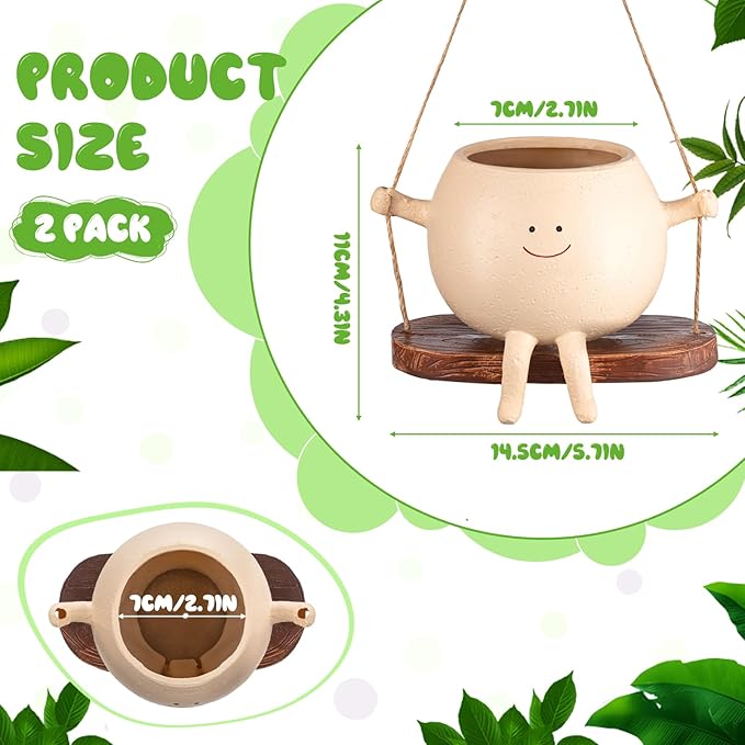 Domensi 2 Pcs Swing Hanging Planter Cute Smile Flower Face Pot Indoor Outdoor - Image 2