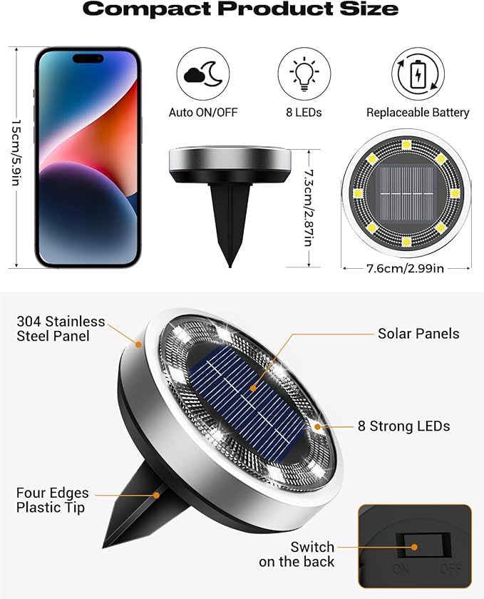 btfarm 16 Pack Solar Lights Outdoor, 8 LED Solar Ground Lights IP65 Waterproof - Image 6