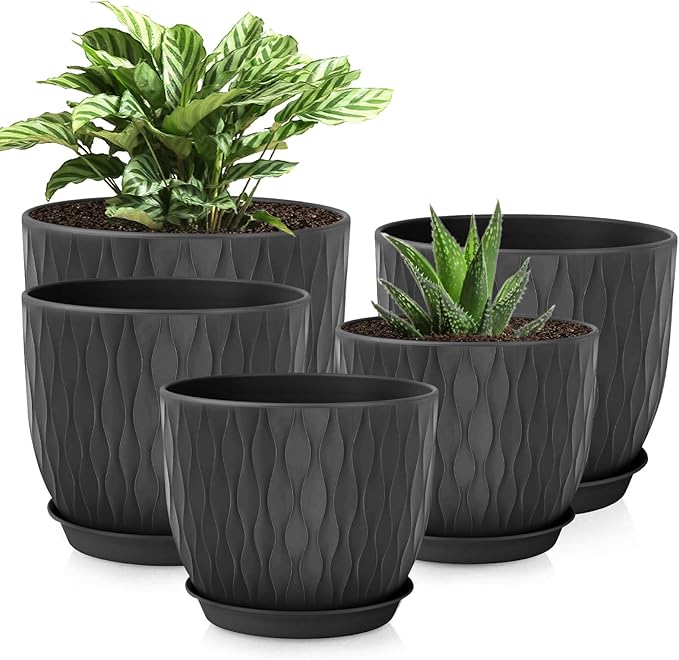 Plastic Plant Pots 10/9/8/7.5/7 inch Set of 5, Flower Planters by LesOasis