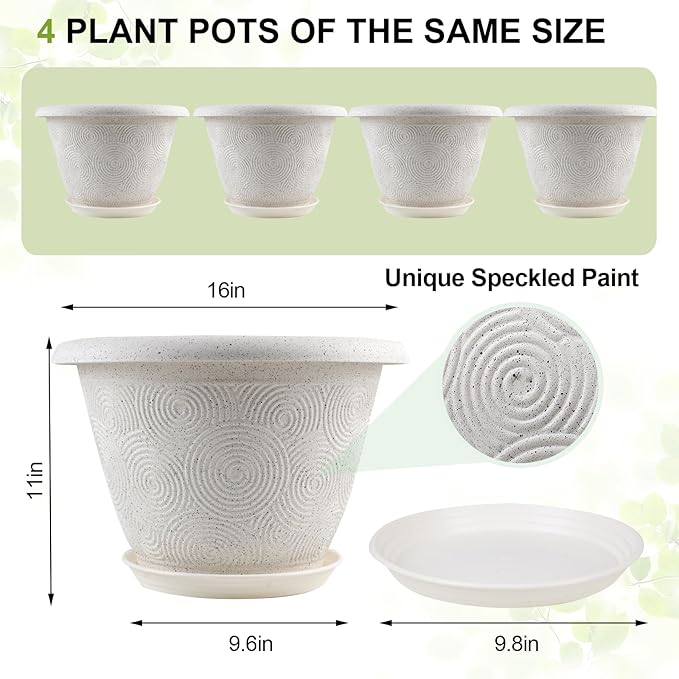 Plastic Flower Pots Planters for Indoor Plants, 4 Pack 16 Inch White Plant Pots - Image 3