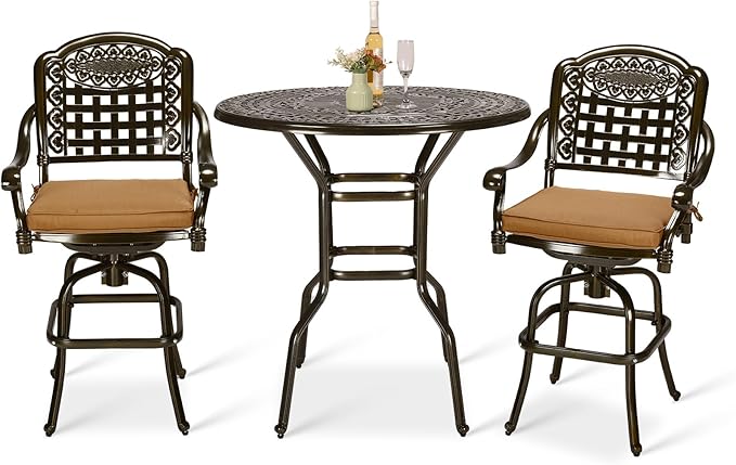 VIVIJASON 3-Piece Outdoor Swivel Bar Stools Set, All Weather Cast Aluminum by VIVIJASON