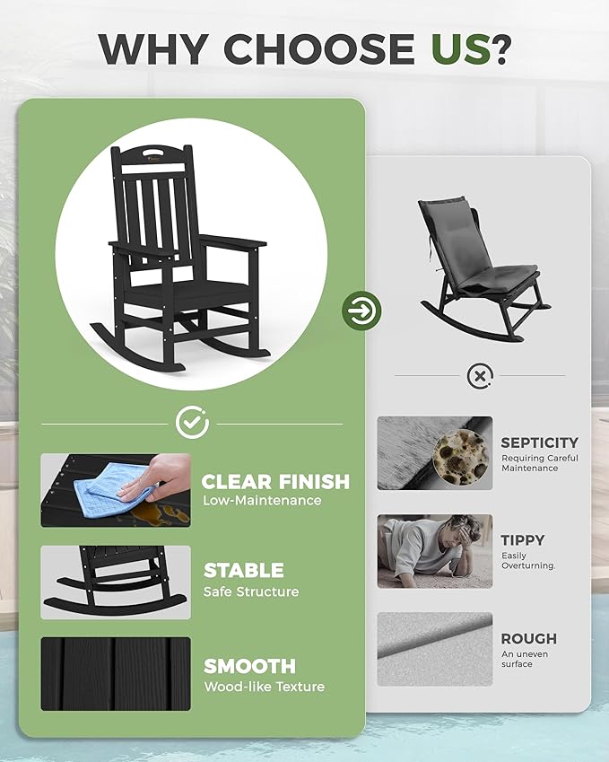 Oversized Outdoor Rocking Chairs Set of 2, High Back Porch Rocking Chair - Image 8