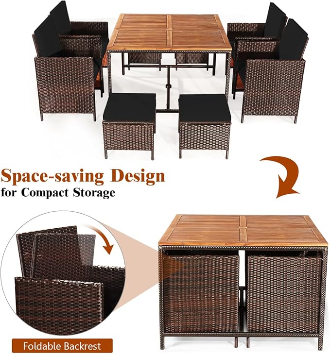 Tangkula 9 Pieces Acacia Wood Patio Dining Set, Space Saving Wicker Chairs and - Image 7