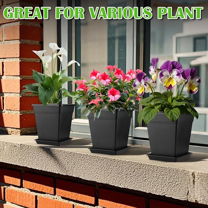 6 inch Plant Pots, 10 Pack Flower Pots Outdoor Indoor, Square Plastic Planter - Image 6