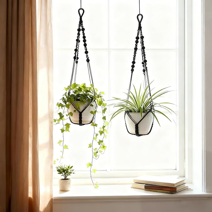 Macrame Plant Hanger, Wood Beads Cotton Hanging Planter Holder - Image 3