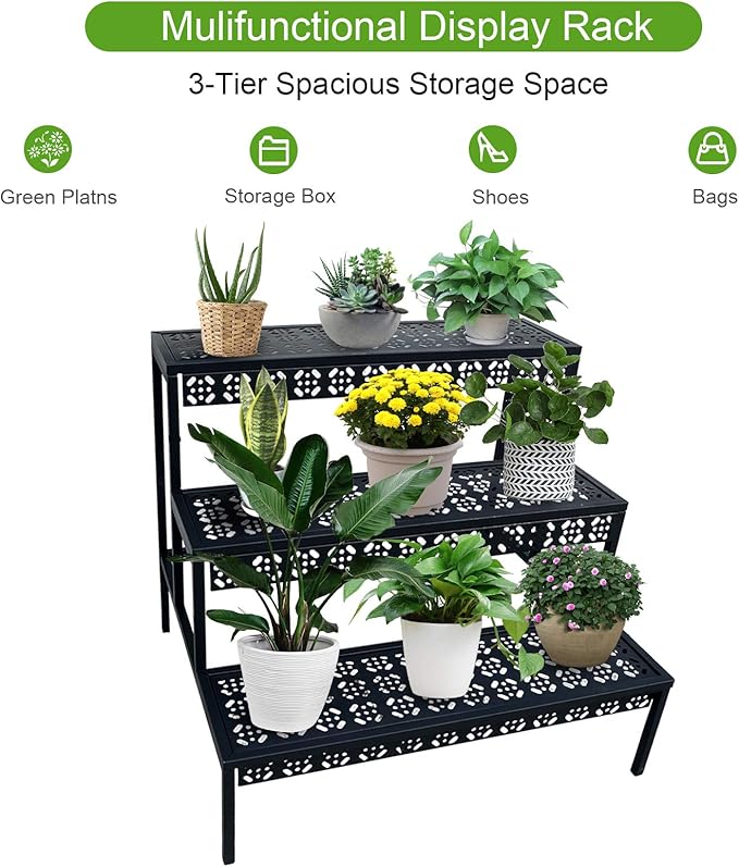 aboxoo 3 Tier Stair Style Large Metal Plant Stand, Garden Display Shelf Flower - Image 8