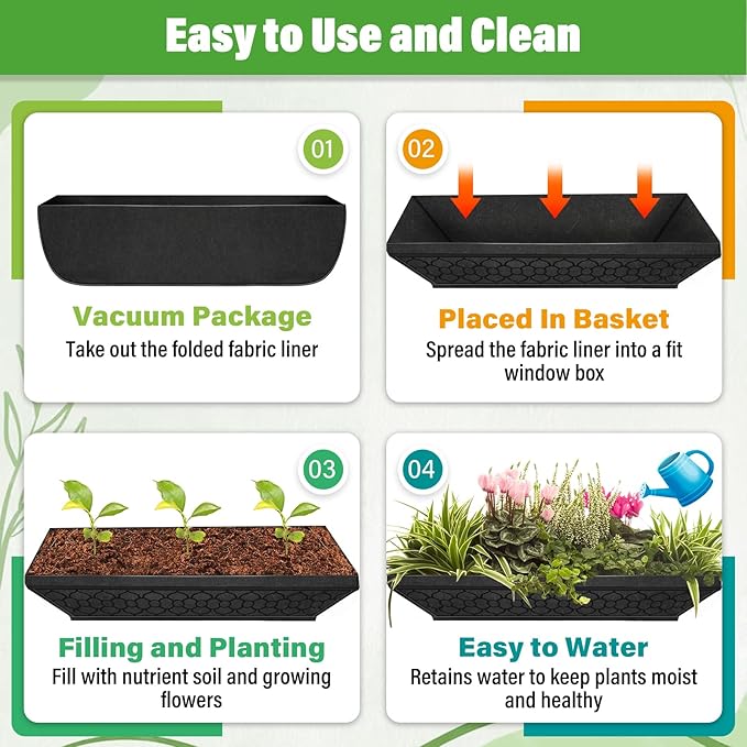 Riare 4 Pack 24 Inch Black Fabric Window Box Liners- Felt Square Trough Planter - Image 5